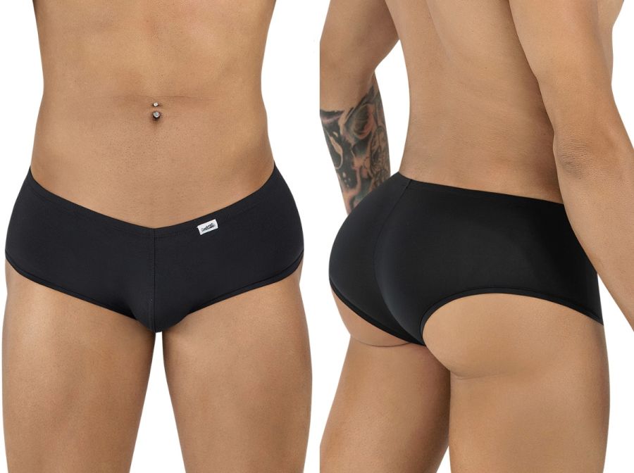 CandyMan 99943 black trunks featuring a low-rise, smooth microfiber fabric, and a front center seam. Front and back view.