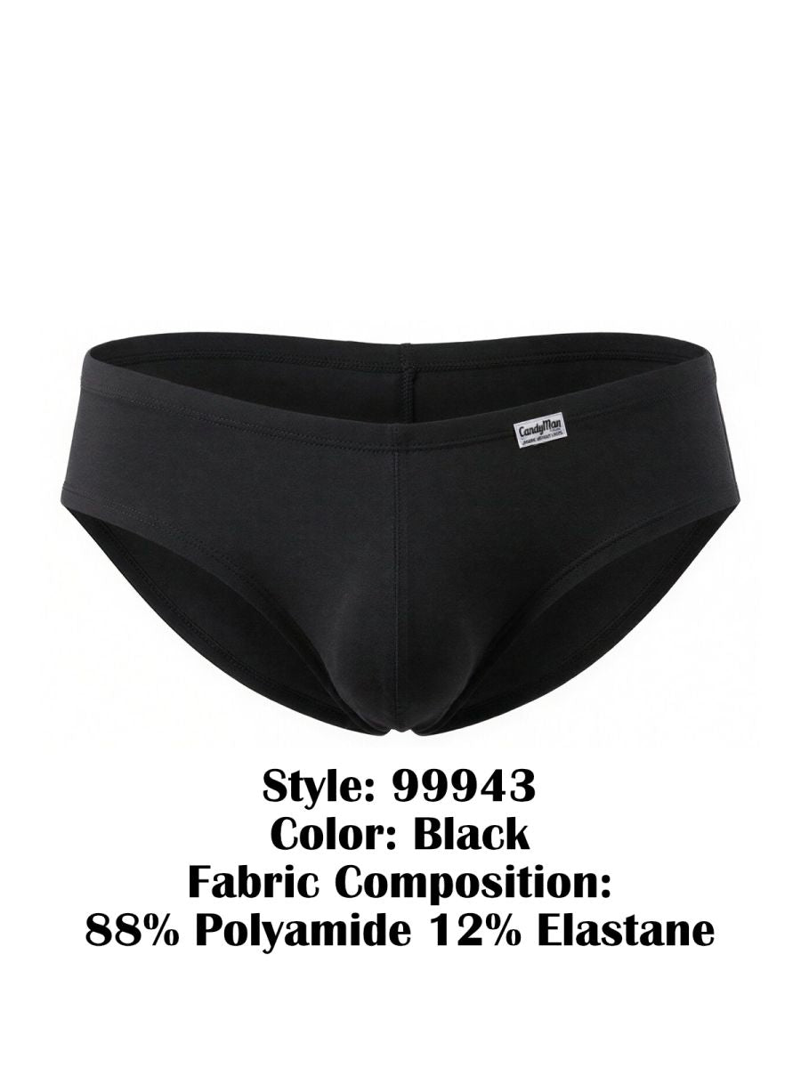 CandyMan 99943 black trunks featuring a low-rise cut with a small branded tag on the waistband.