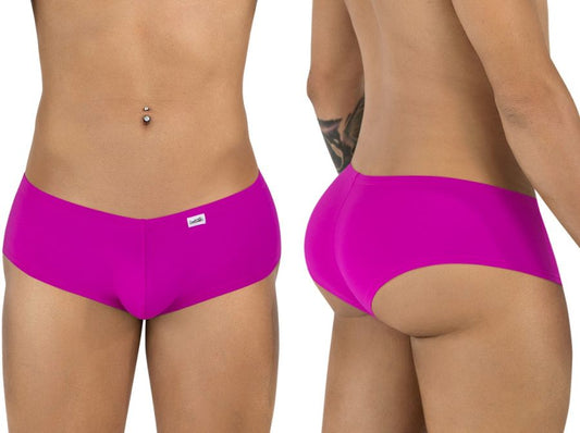 CandyMan 99943 magenta trunks with low-rise, seamless construction, and a branded waist tab. Shown front and back.