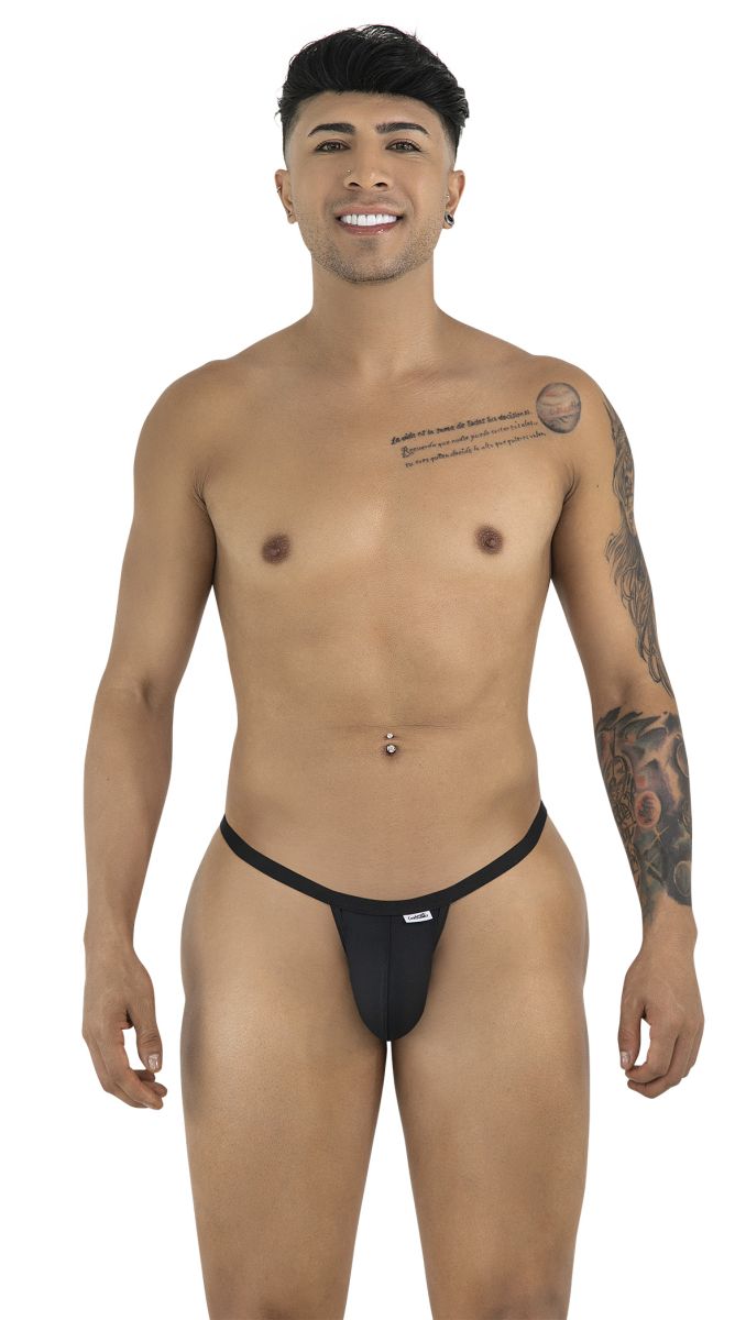 CandyMan 99948 black thong with thin waistband and minimalist pouch design on a male model.