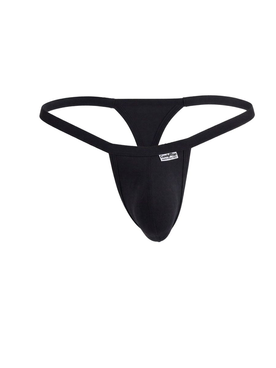 Black CandyMan thong with a minimalist thin waistband and contoured pouch, featuring a small branded logo tag.