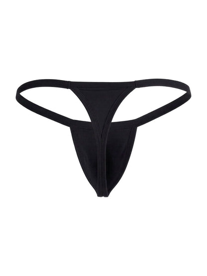 Black CandyMan thong with a minimalist g-string cut and thin, flexible side straps.