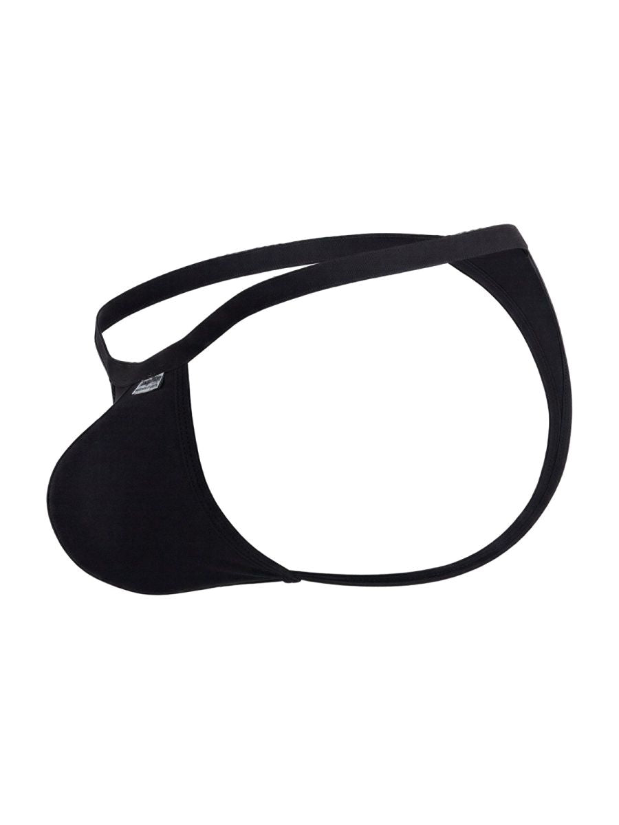 CandyMan 99948 black thong with a contoured pouch, minimal coverage, and thin elastic side straps.