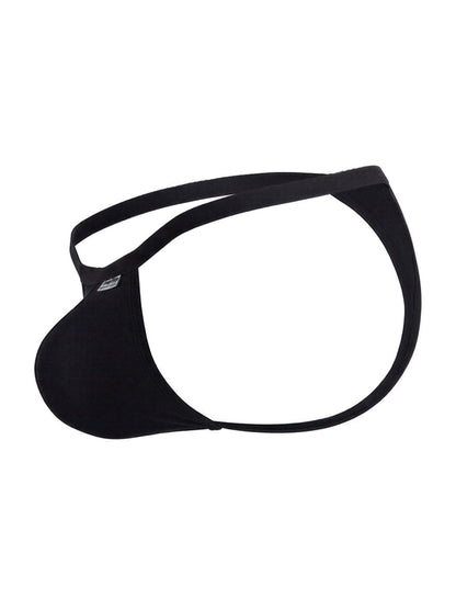 CandyMan 99948 black thong with a contoured pouch, minimal coverage, and thin elastic side straps.