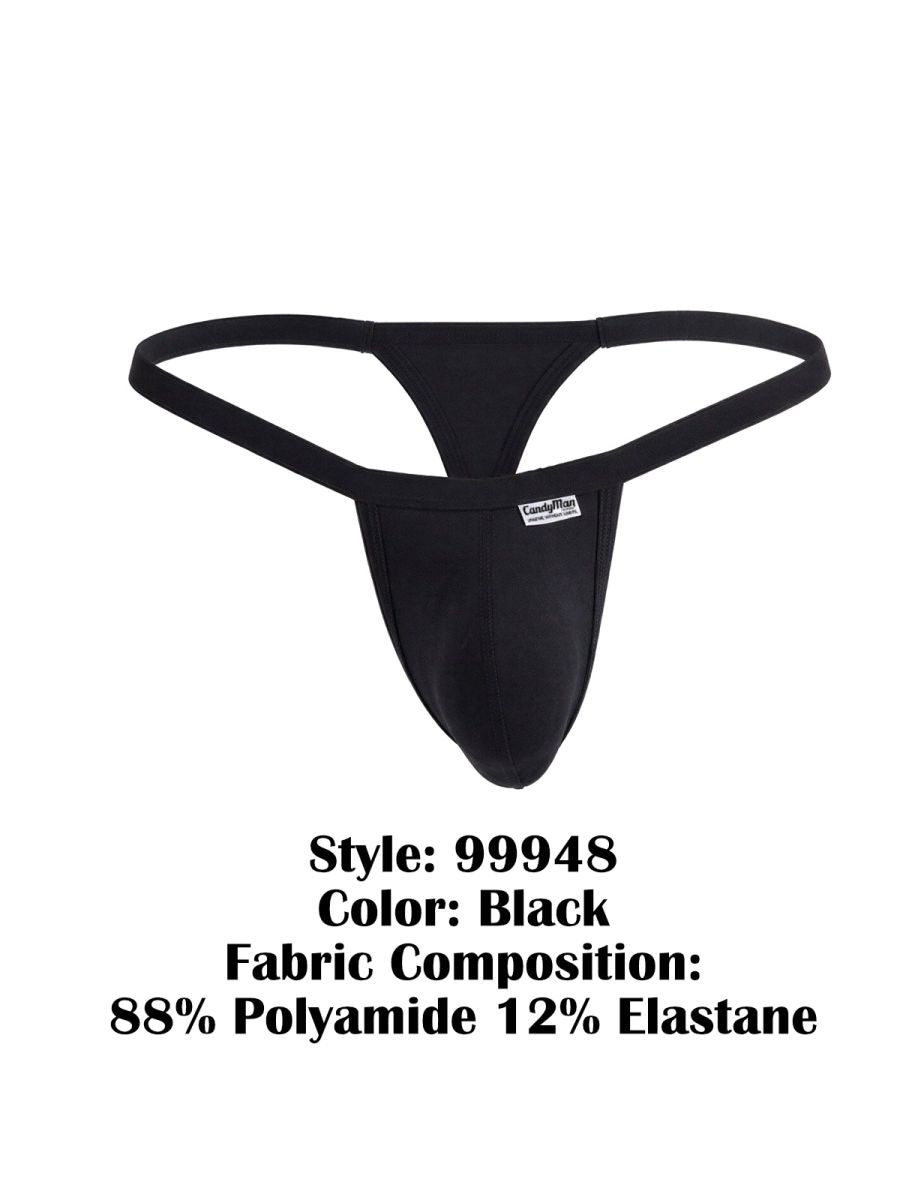 CandyMan 99948 black thong with minimal coverage, thin waistband, and a small logo tag on the front.