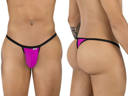 CandyMan 99948 magenta thong with black trim, shown from front and back views on a male model.