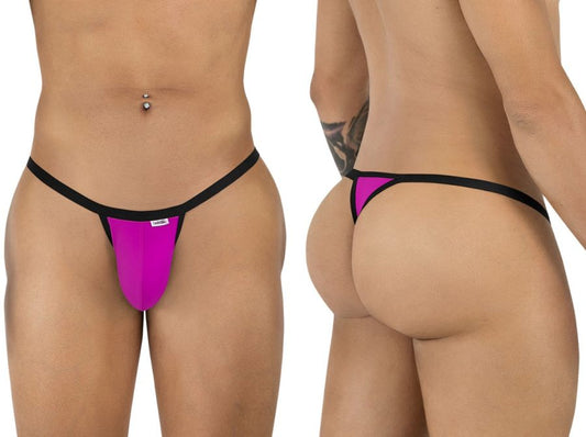 CandyMan 99948 magenta thong with black trim, shown from front and back views on a male model.