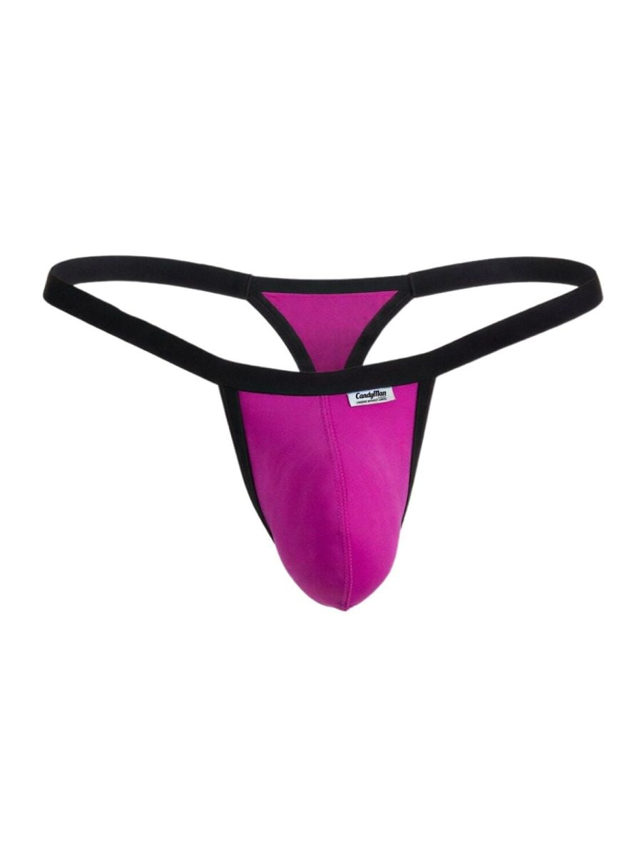 CandyMan magenta thong with a contoured pouch and black elastic waistband.