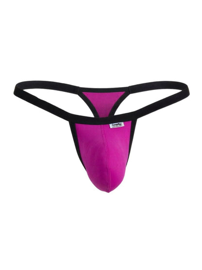 CandyMan magenta thong with a contoured pouch and black elastic waistband.