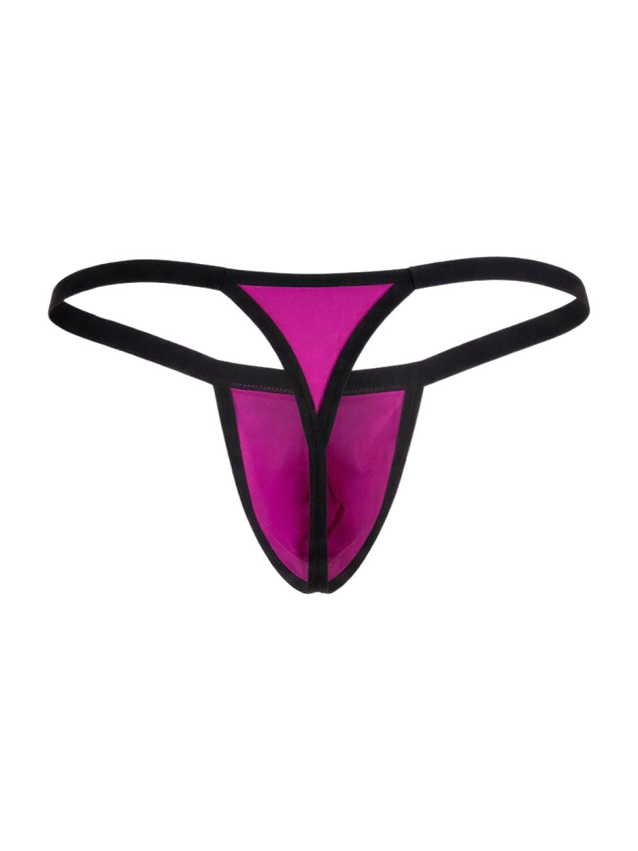 Magenta thong with black trim and elastic waistband, featuring a minimalist front pouch design.