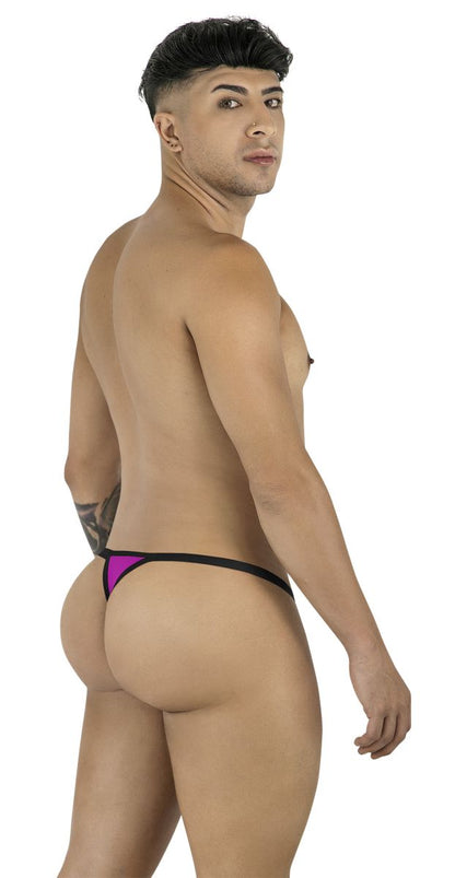CandyMan magenta thong featuring a minimalist back design with thin black trim on a model against a white background.