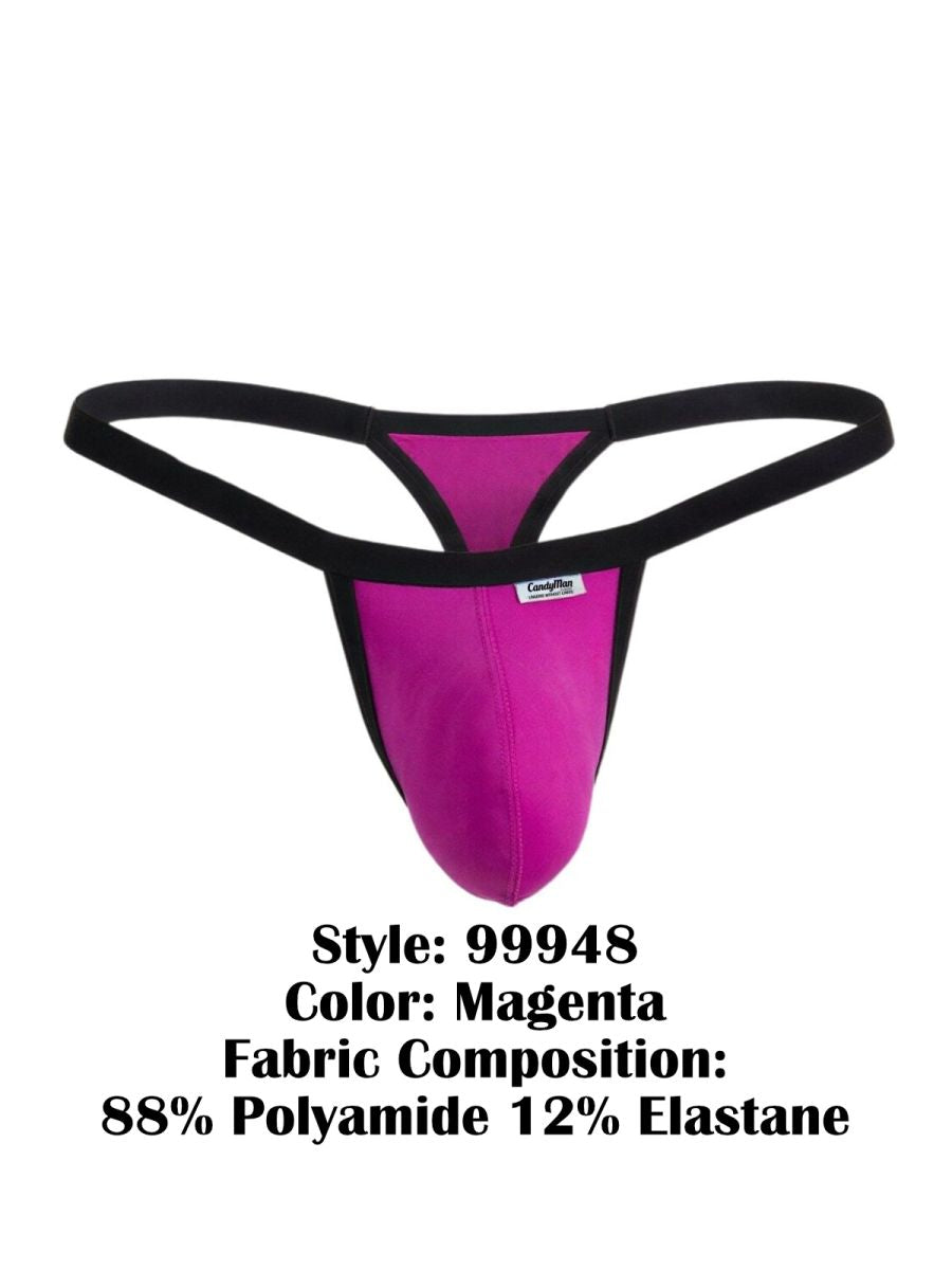CandyMan 99948 magenta thong with a contoured pouch, featuring black elastic trim and a branded waistband tag.