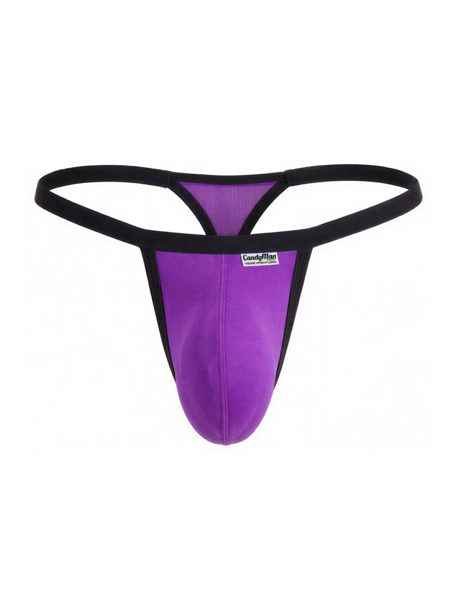 CandyMan 99948 orchid purple thong with a contour pouch and black elastic trim.