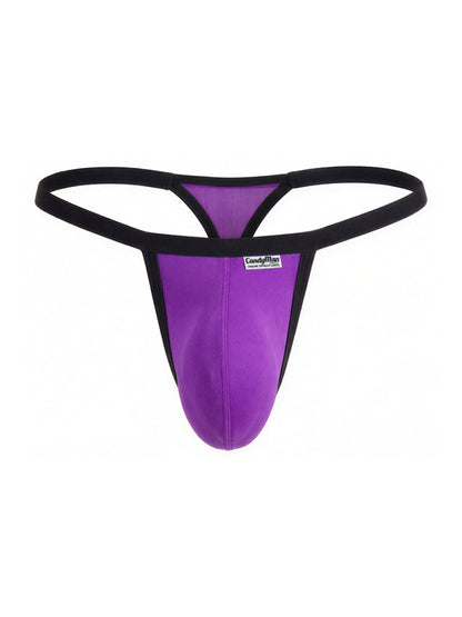 CandyMan 99948 orchid purple thong with a contour pouch and black elastic trim.