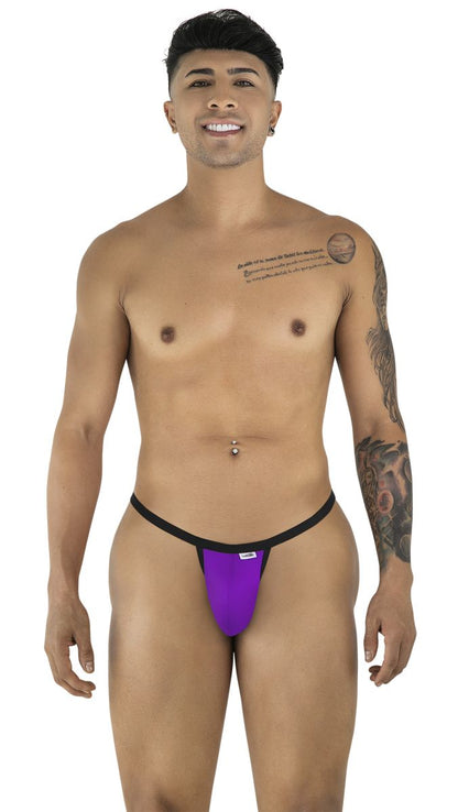 CandyMan 99948 orchid purple thong with thin black elastic waistband and minimalist pouch design.