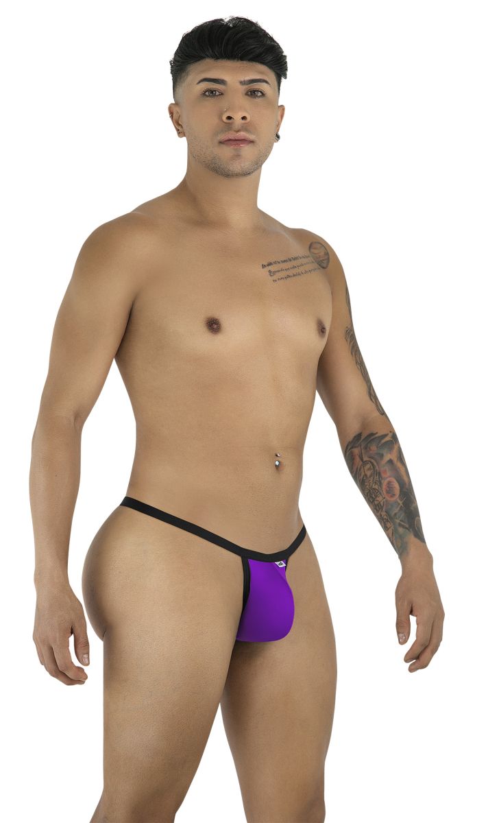 Man wearing a CandyMan orchid-colored thong with a minimalist, low-rise pouch design and thin black trim.