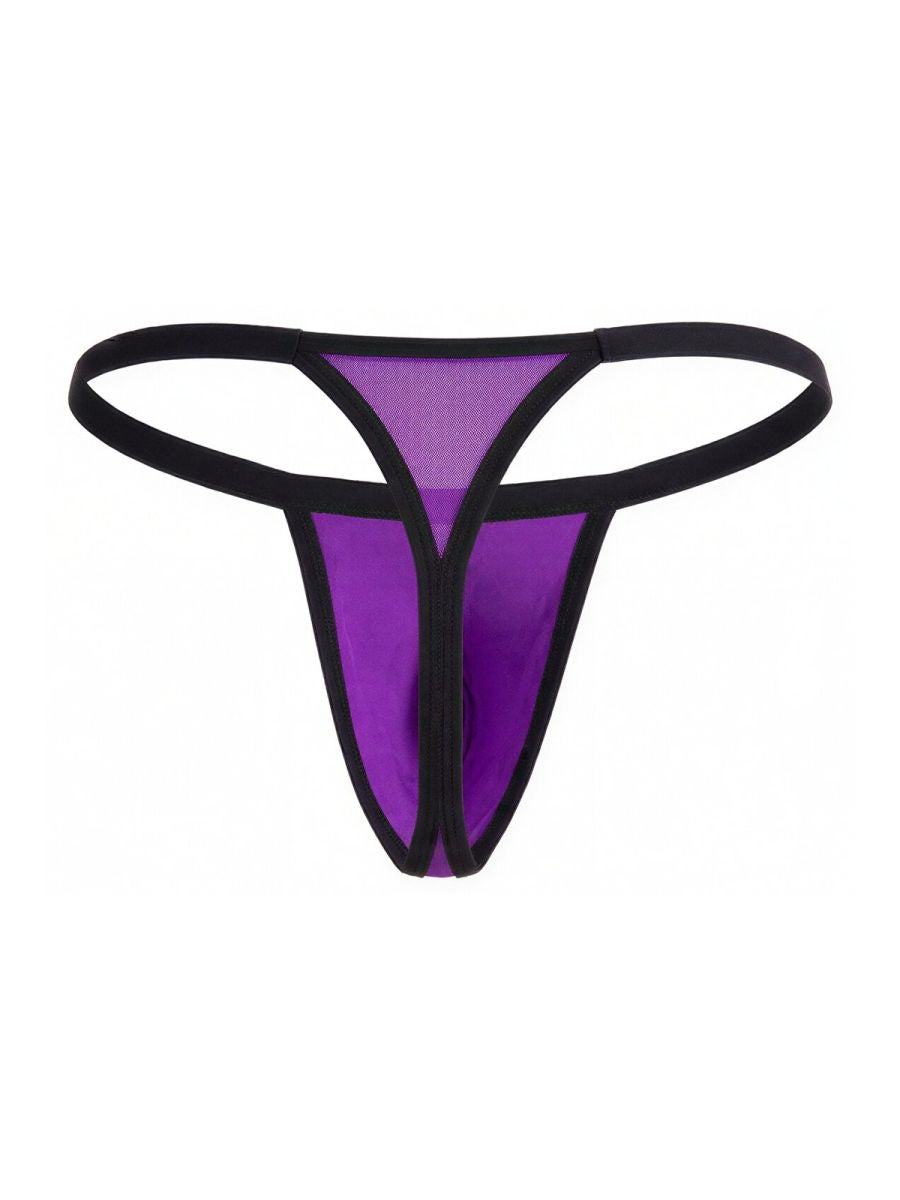 CandyMan orchid thong with sheer mesh front panel and black elastic trim.