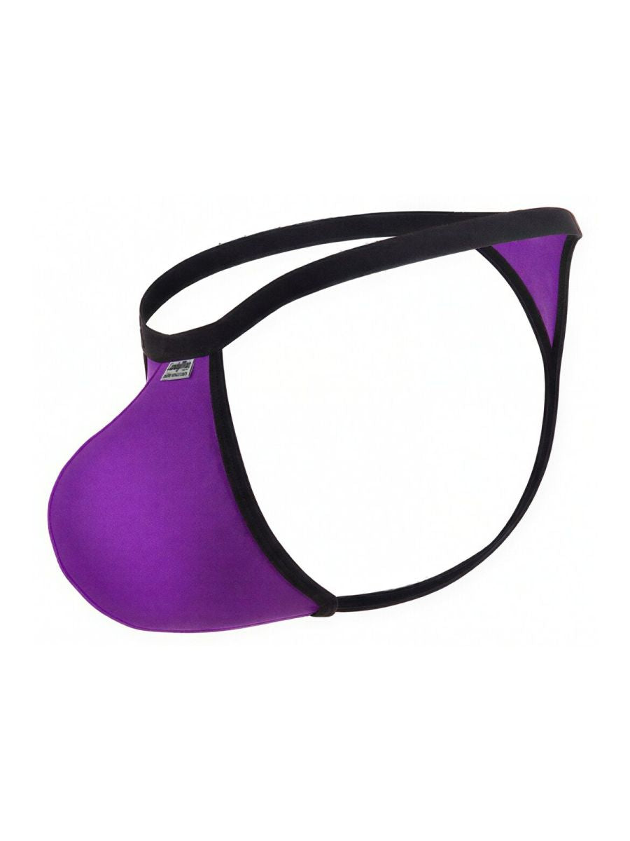 CandyMan orchid purple thong with black trim and a contoured pouch on a white background.