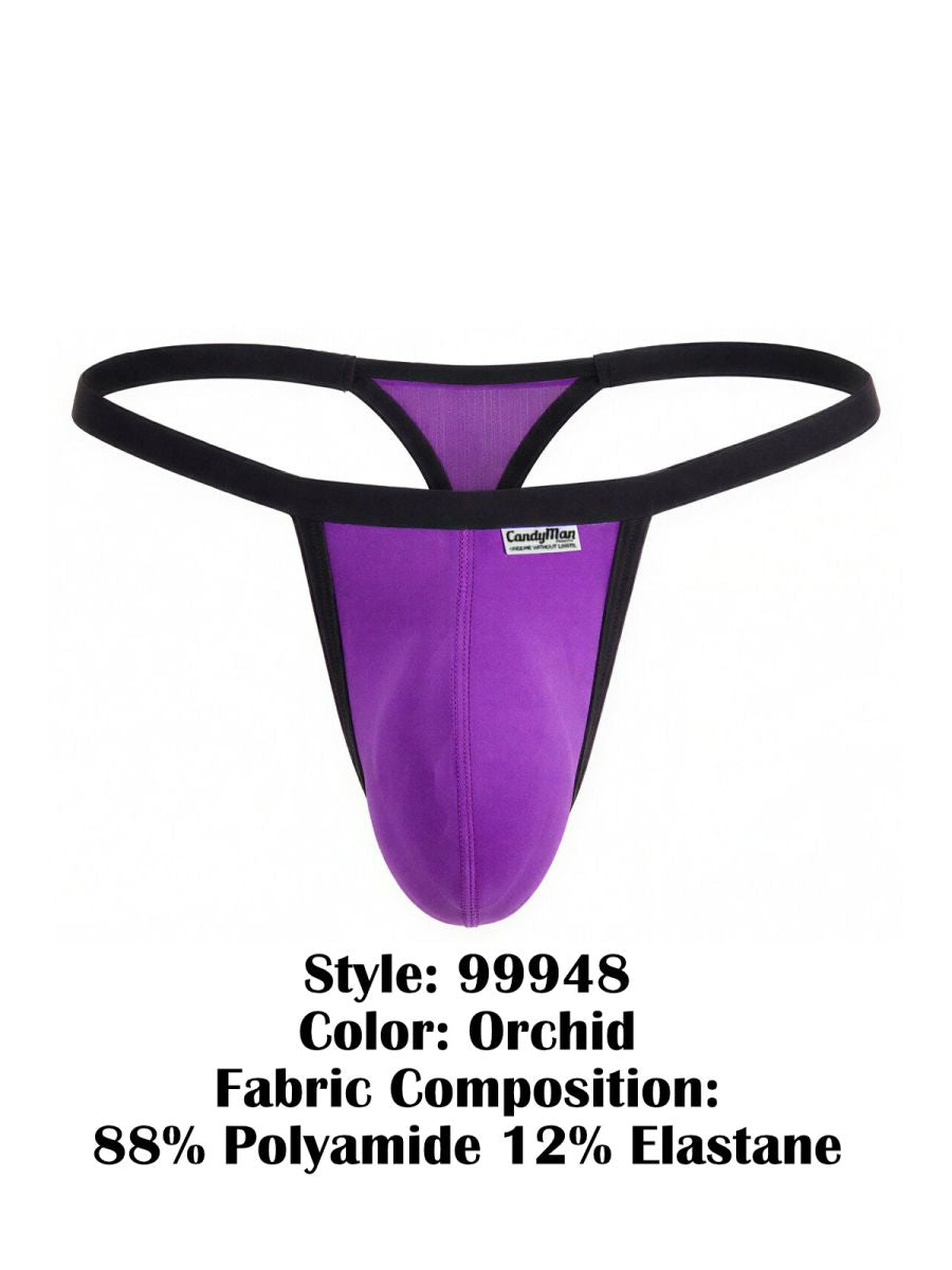 CandyMan 99948 orchid thong with a contoured front pouch and contrasting black trim.