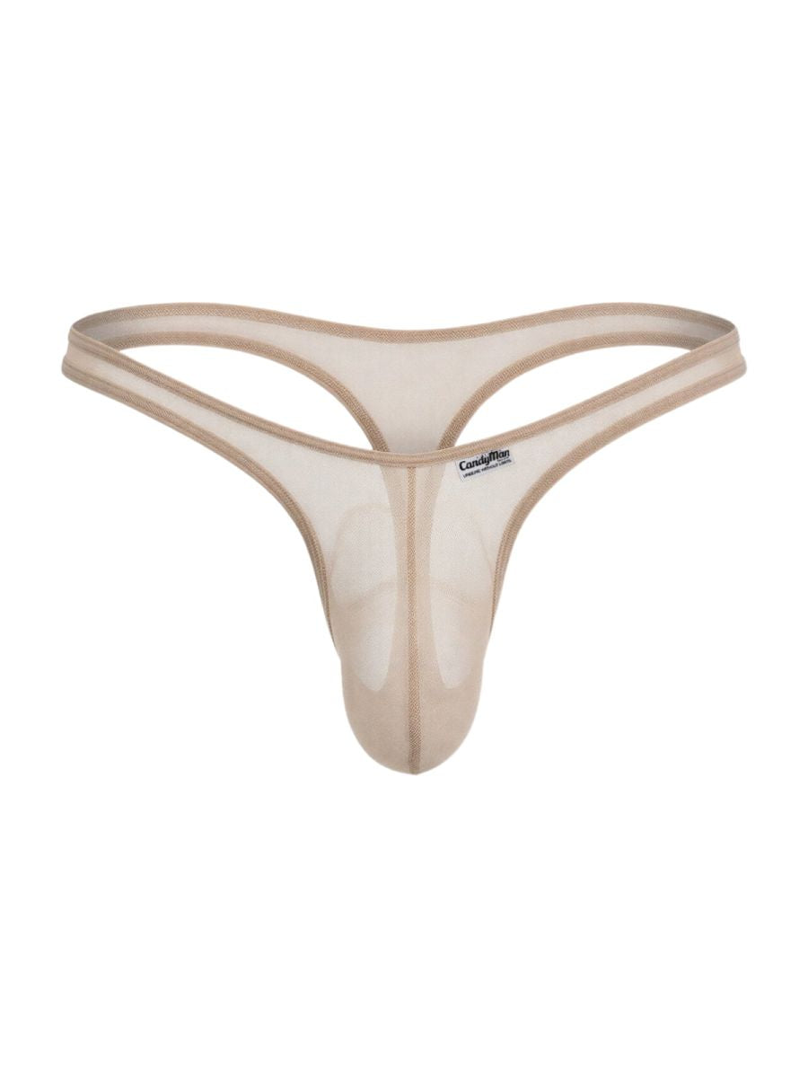 CandyMan beige mesh thong with a contoured pouch, thin elastic waistband, and minimal coverage design.