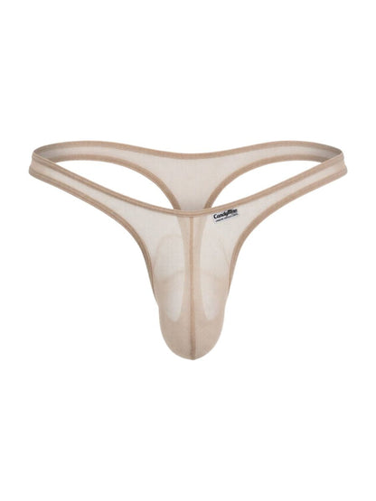 CandyMan beige mesh thong with a contoured pouch, thin elastic waistband, and minimal coverage design.