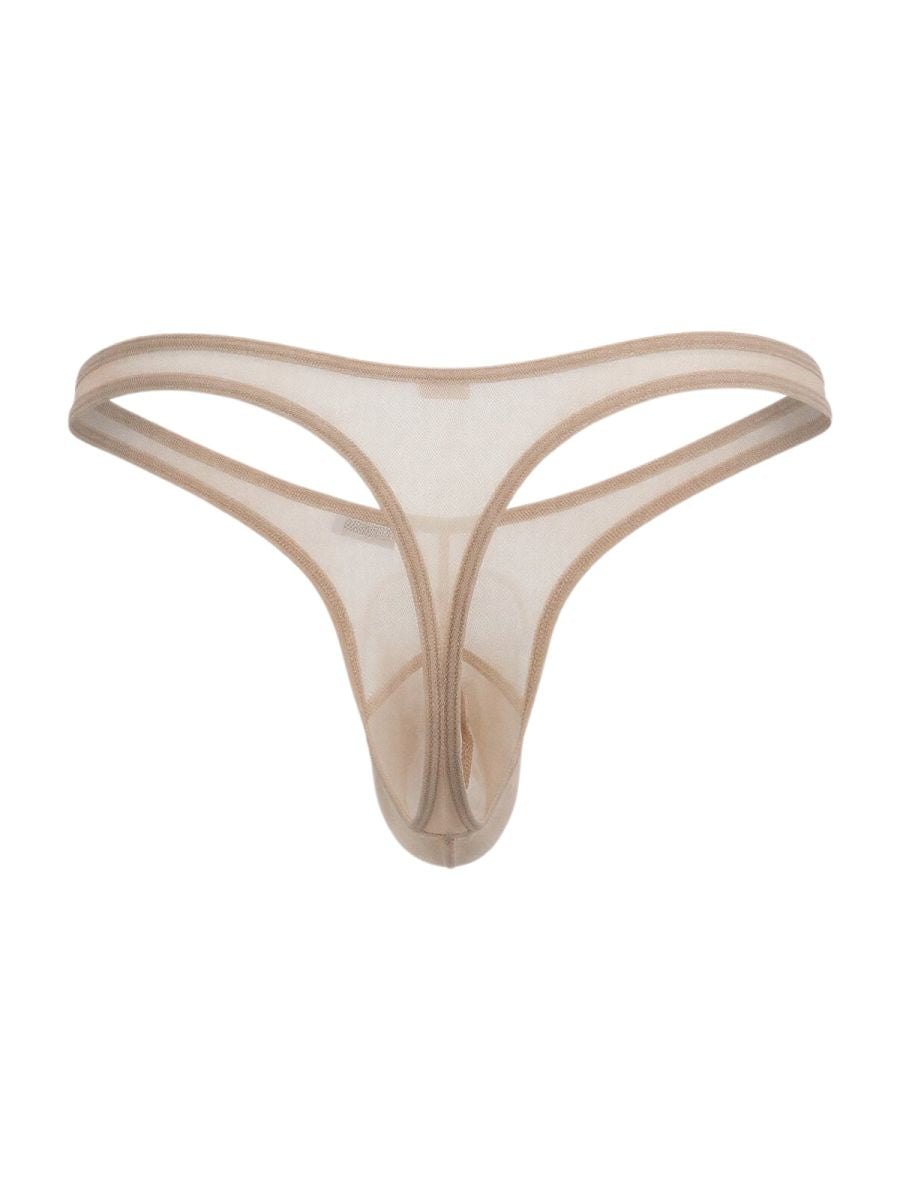 CandyMan beige sheer mesh thong with a contoured pouch and minimalist design.