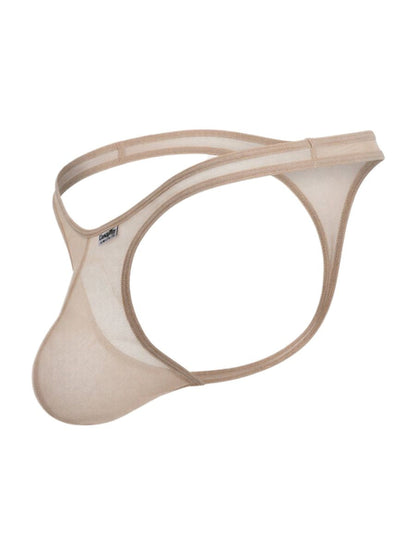 Beige CandyMan mesh thong with an open-back design, contoured front pouch, and elasticized trim.