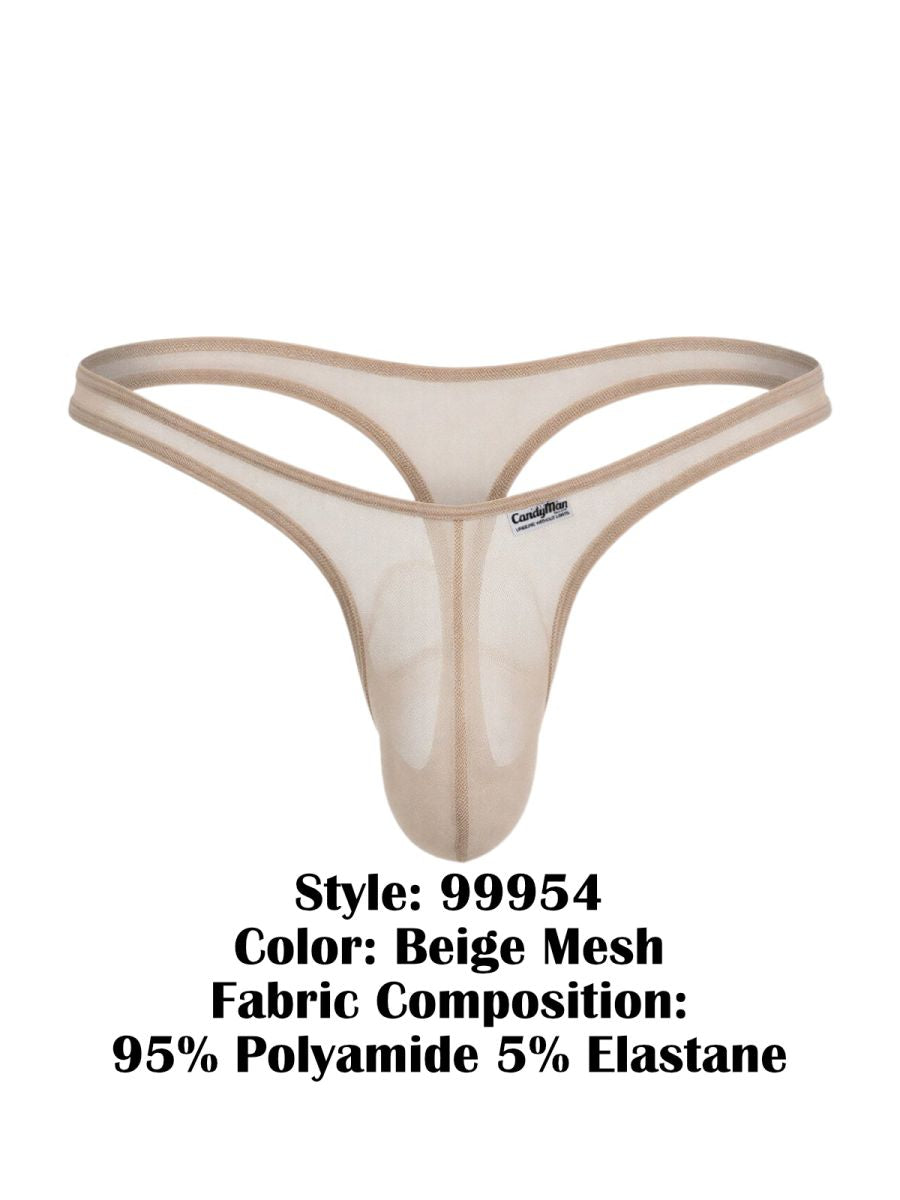 CandyMan 99954 beige mesh thong with a contoured pouch, minimalist elastic waistband, and a small brand tag.