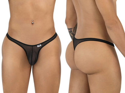 CandyMan black mesh thong shown from front and back angles, featuring a minimalist cut and small brand tag.