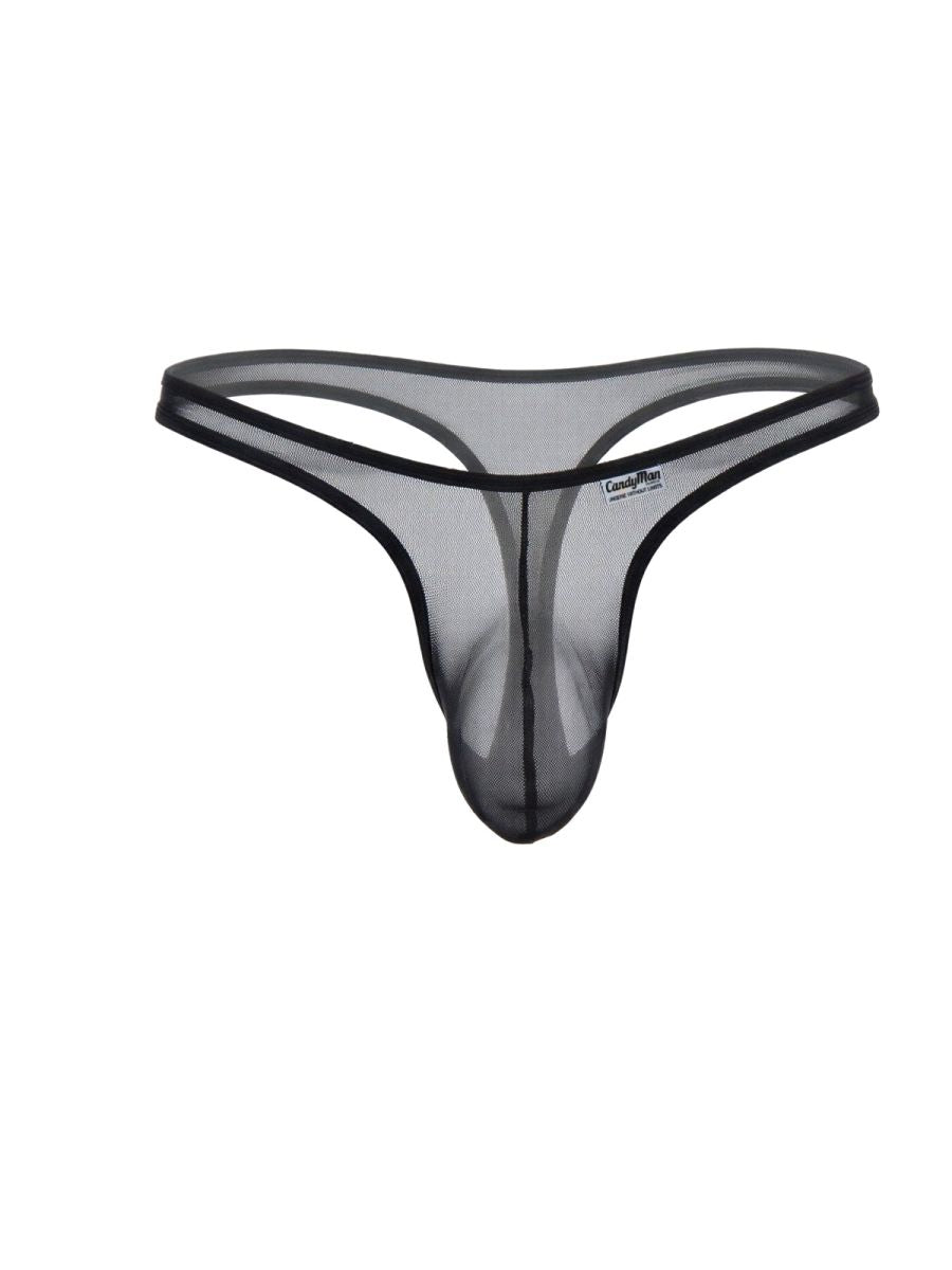 CandyMan black sheer mesh thong with a contoured front pouch and minimal elastic waistband.