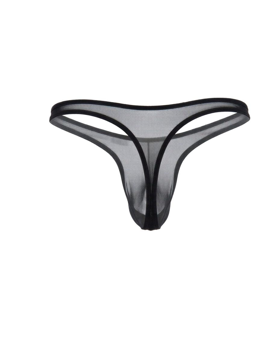 CandyMan black mesh thong with a minimalist design, thin waistband, and sheer fabric construction.