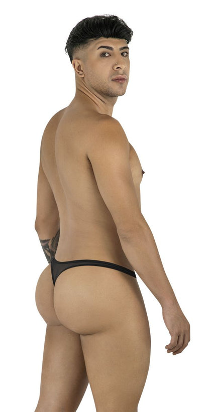 A man wearing a black, sheer mesh CandyMan thong, viewed from the back.