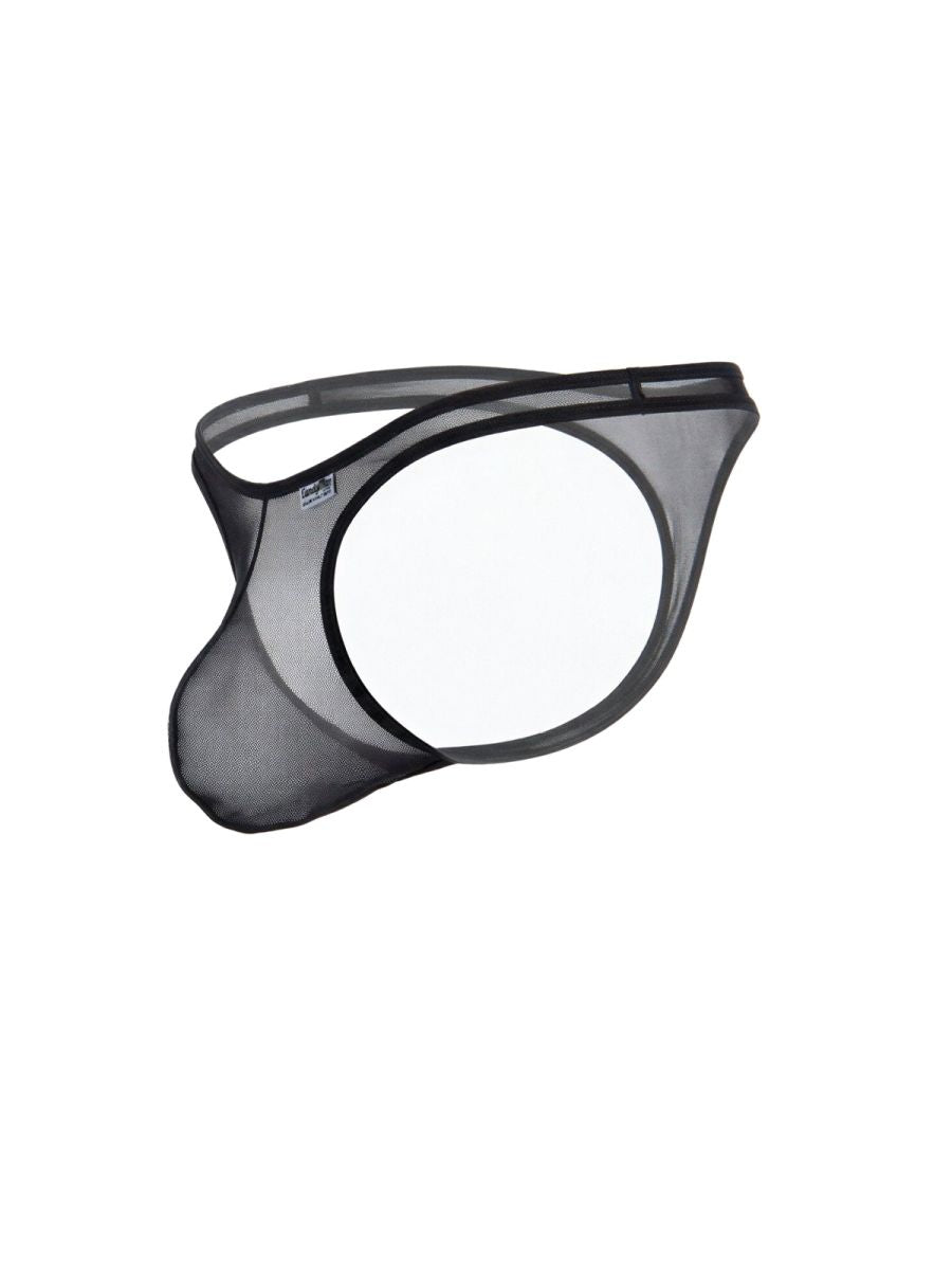 Black CandyMan sheer mesh thong with an open circular design, thin waistband, and a contoured pouch.