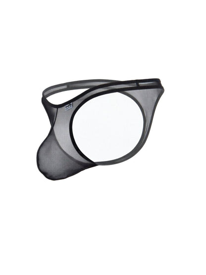 Black CandyMan sheer mesh thong with an open circular design, thin waistband, and a contoured pouch.