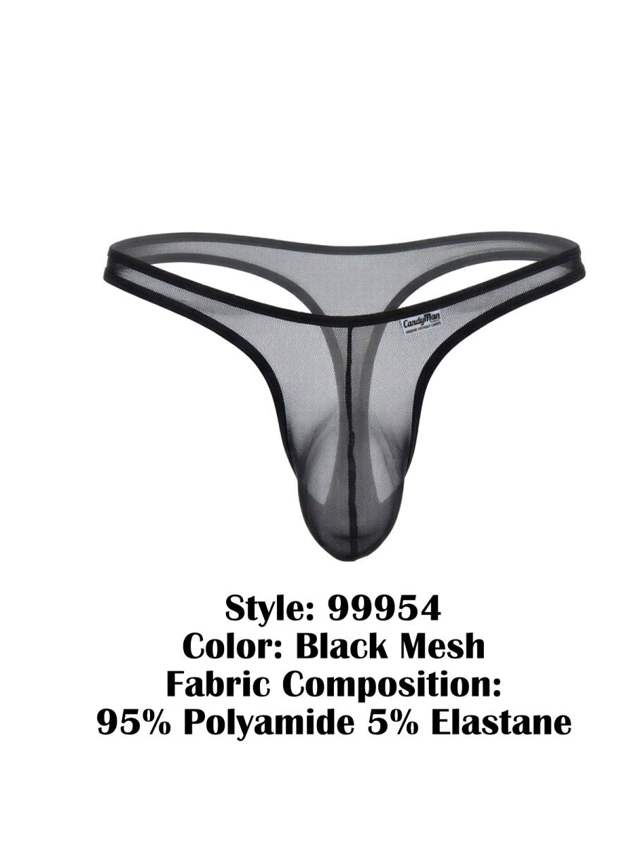 CandyMan 99954 black sheer mesh thong with a contoured pouch and minimalist elastic waistband.