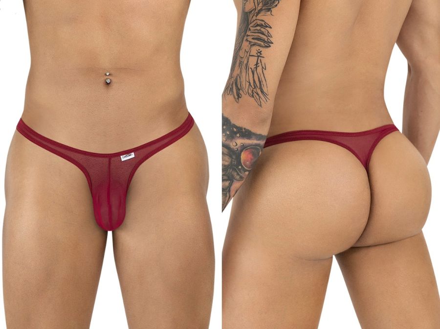 CandyMan 99954 burgundy mesh thong featuring a contoured pouch and minimalist design. Shown from front and back views.