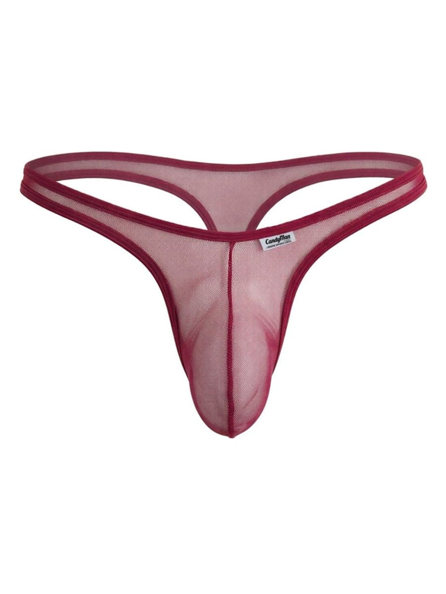 Burgundy CandyMan sheer mesh thong with a contoured pouch and thin waistband, isolated on a white background.
