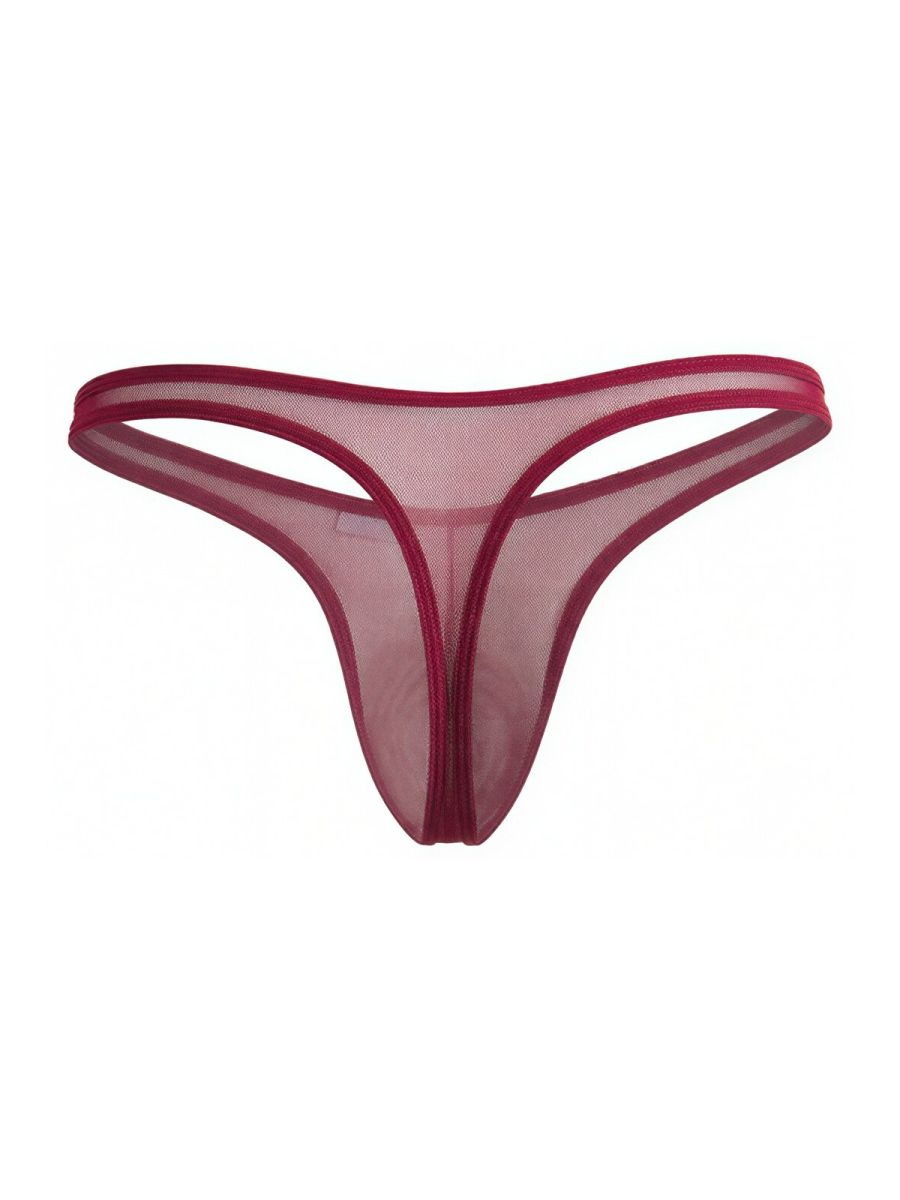 CandyMan burgundy thong in sheer, lightweight mesh fabric with a minimalist, contoured cut.