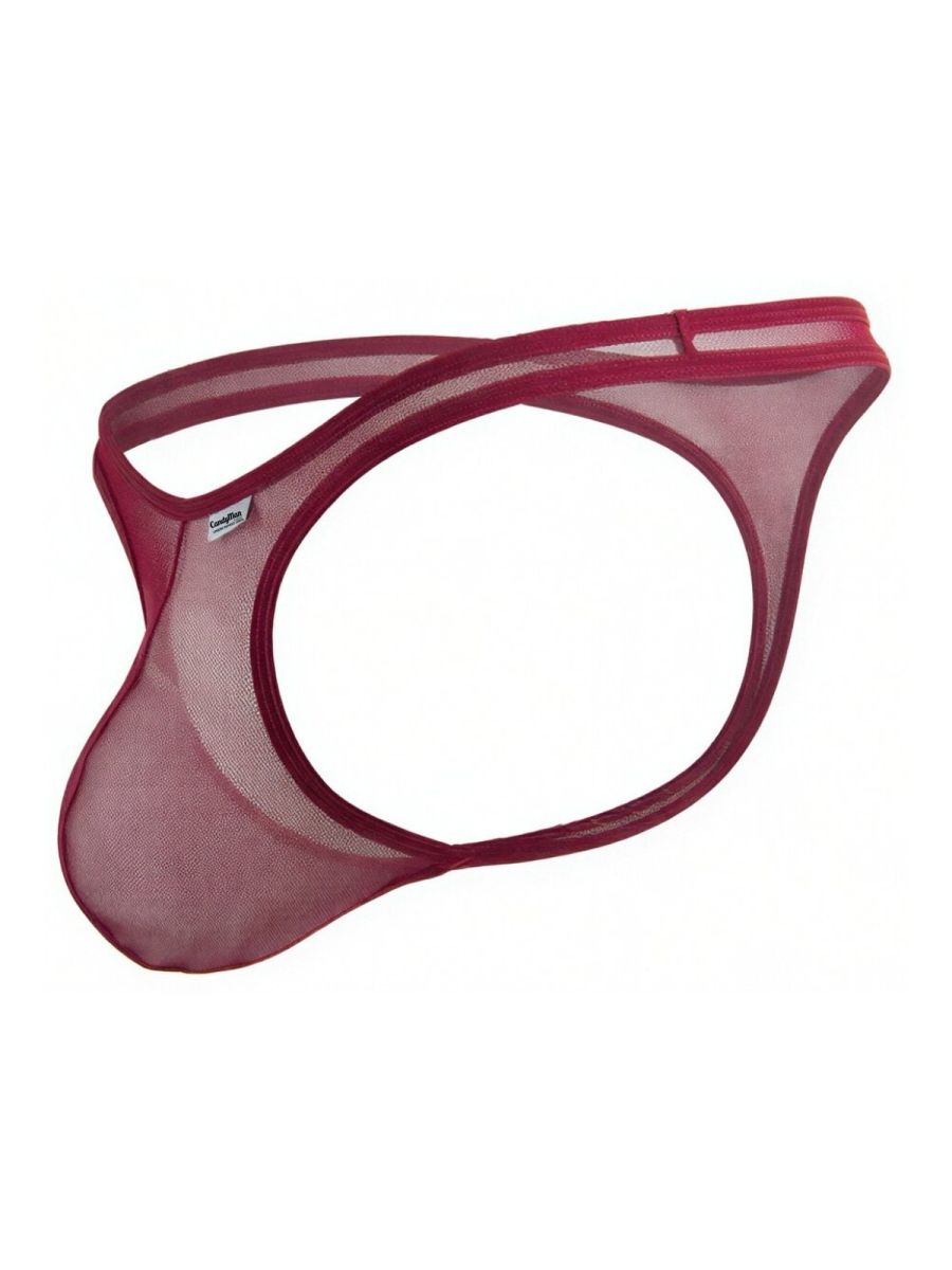 CandyMan burgundy sheer mesh thong with an open-back design and elastic waistband.