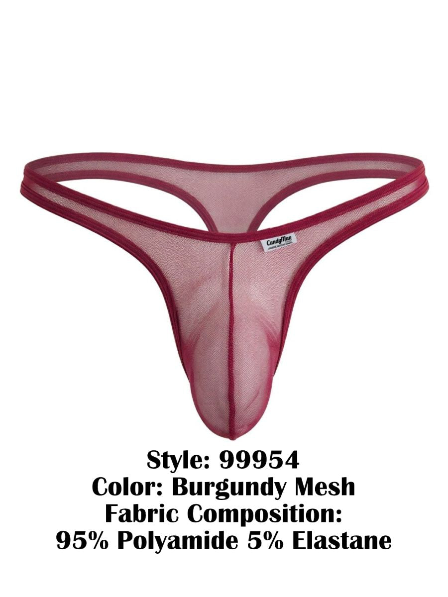 CandyMan 99954 burgundy thong in sheer, breathable mesh fabric with a contoured pouch and minimalist design.
