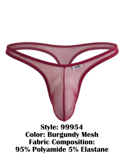 CandyMan 99954 burgundy thong in sheer, breathable mesh fabric with a contoured pouch and minimalist design.