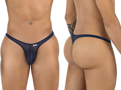 CandyMan navy blue mesh thong shown from front and back angles on a model. Minimalist, sheer fabric design.