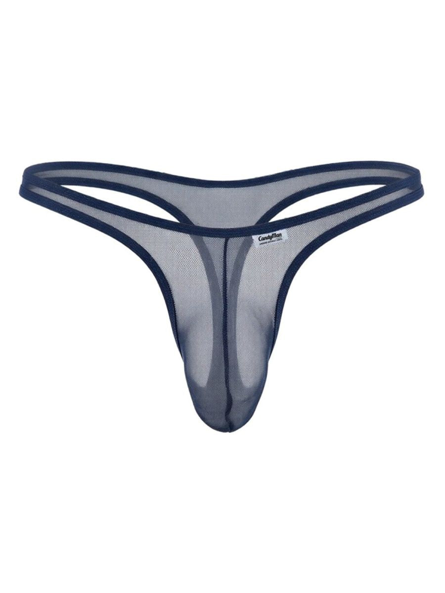 CandyMan navy blue mesh thong with a thin waistband and center-seam pouch.