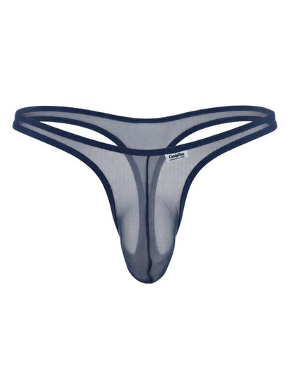 CandyMan navy blue mesh thong with a thin waistband and center-seam pouch.