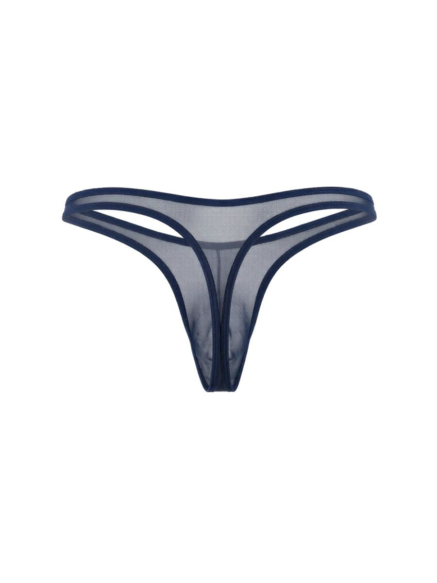 CandyMan 99954 navy blue thong made of sheer mesh fabric with thin elastic trim.