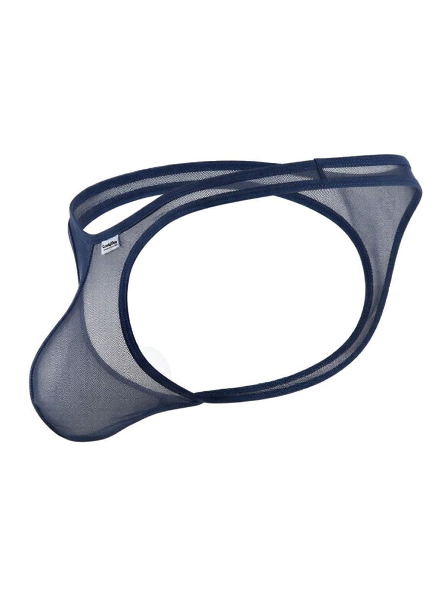 CandyMan navy blue mesh thong featuring a contoured pouch and double-strap waistband design.