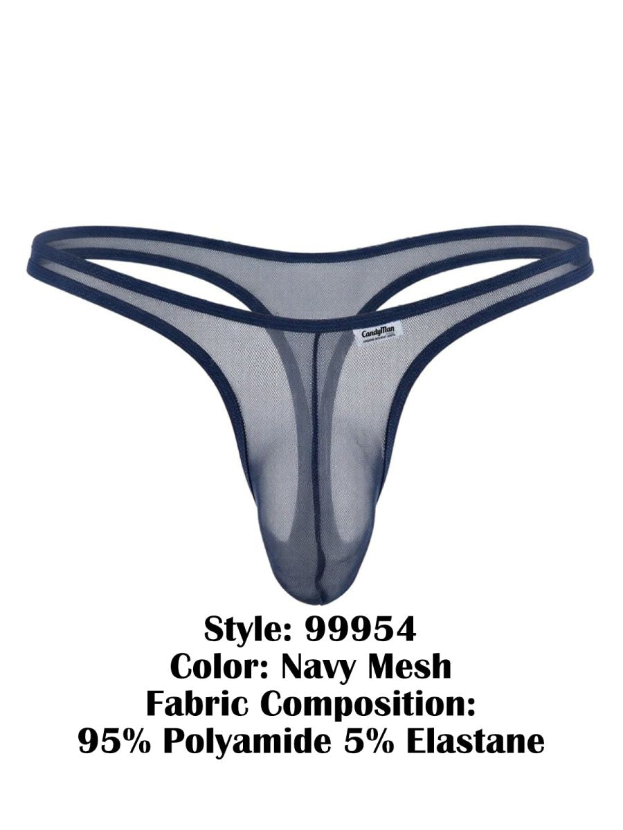 CandyMan 99954 navy blue sheer mesh thong with a minimalist strap design and a small branded front label.