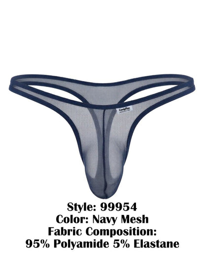 CandyMan 99954 navy blue sheer mesh thong with a minimalist strap design and a small branded front label.
