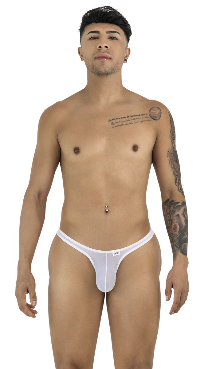 White CandyMan 99954 thong in sheer mesh fabric with a thin waistband and minimalist pouch design.