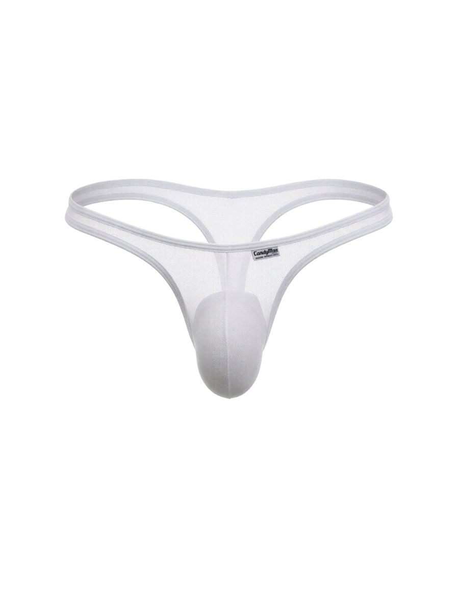 CandyMan white mesh thong with a contoured front pouch and minimal waistband on a white background.